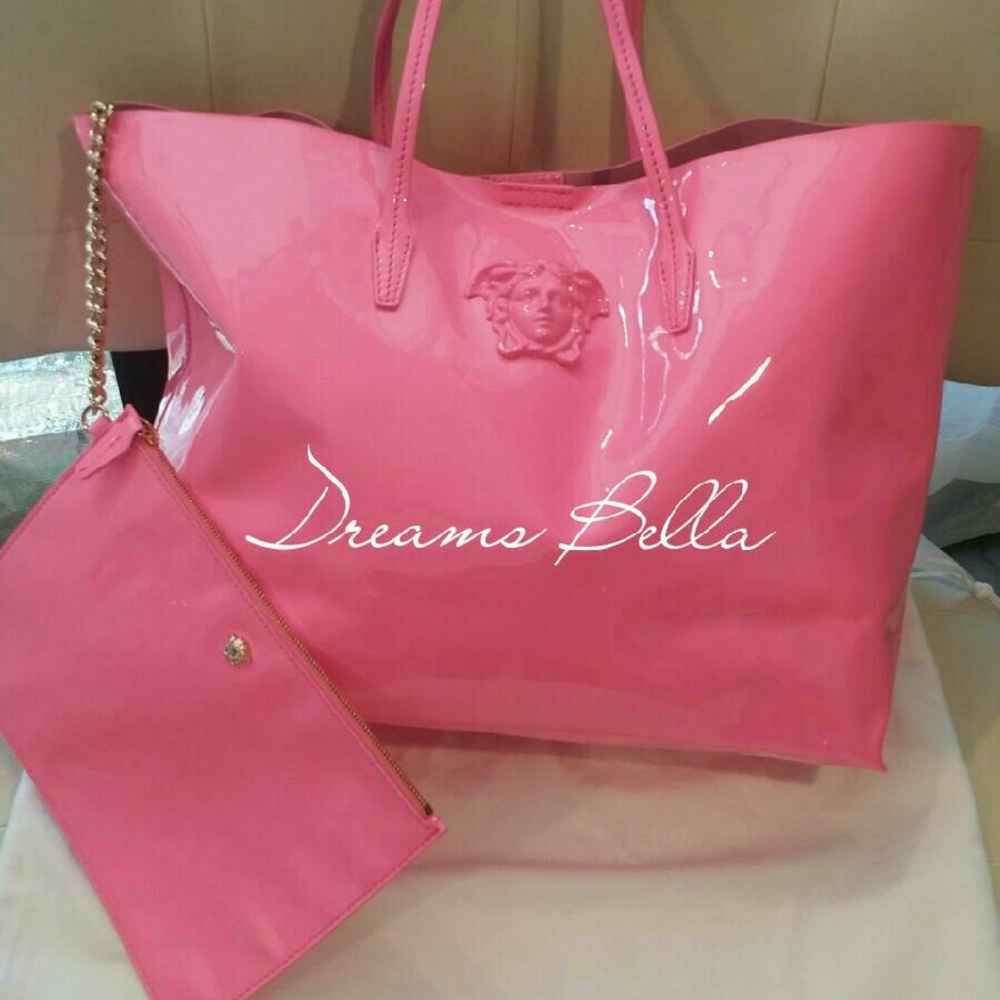 AUTH. VERSACE PINK PATENT PALAZZO MEDUSA TOTE BAG
